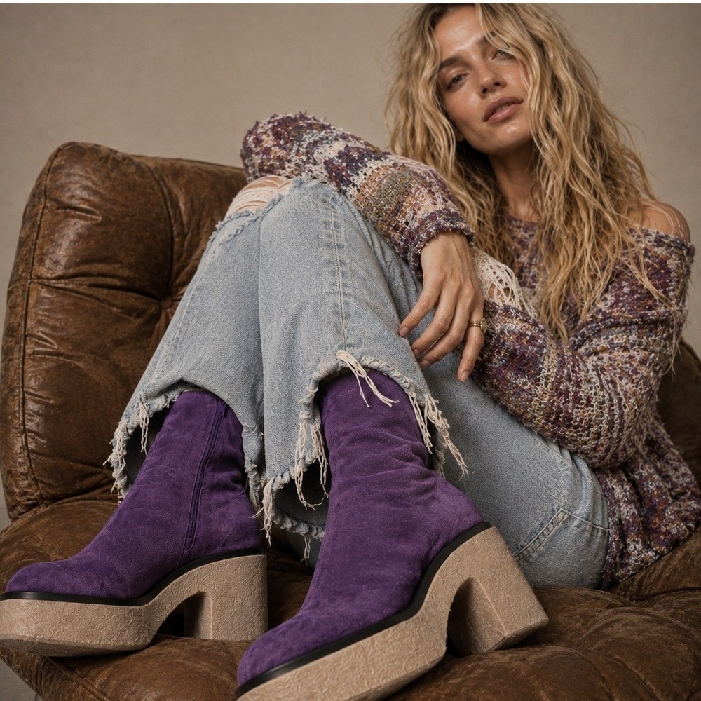 Free People Platform Boots Purple Suede Square Toe Chunky Heel Sz 9